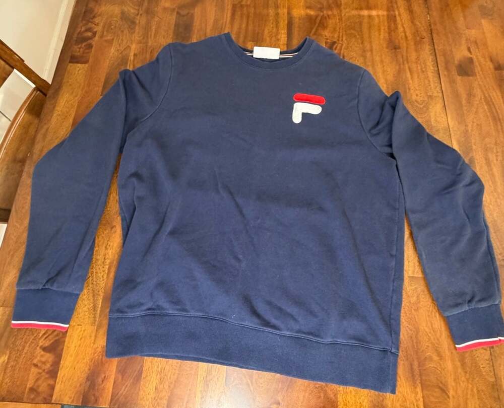 FILA Mens Large Navy Blue Crewneck Sweatshirt F Logo Pullover Retro Y2K